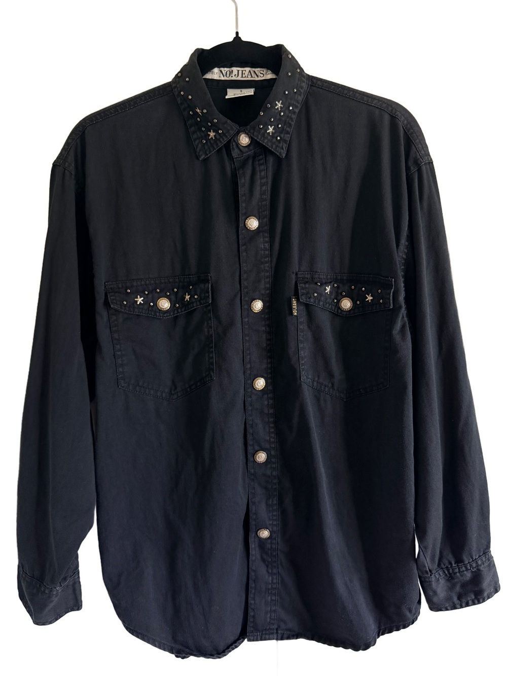 Vintage 90s NO! JEANS Black Embellished Studded Star Western Shirt Small GUC
